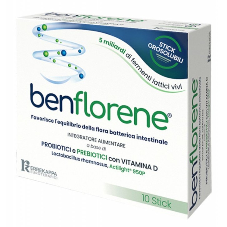 Benflorene 10 Stick Orosolubili - Integratore Probiotico e Prebiotico con Vitamina D