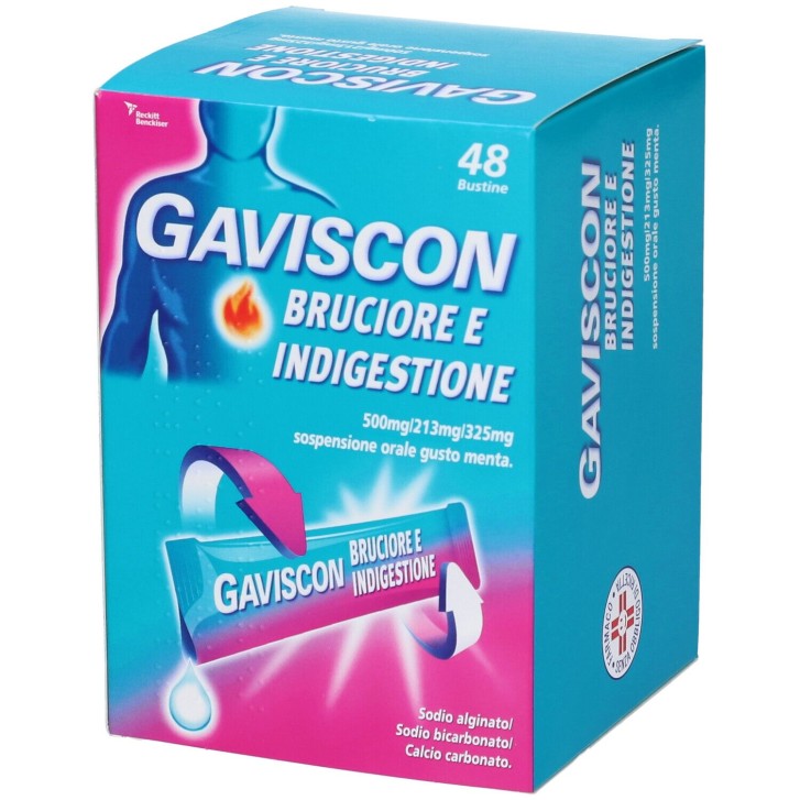 Gaviscon Bruciore e Indigestione per Reflusso Gastroesofageo Gusto Menta 48 buste