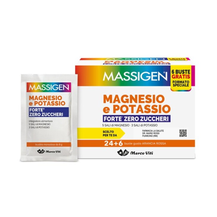 Massigen Magnesio e Potassio Forte Zero Zuccheri 24 + 6 Bustine - Integratore Alimentare
