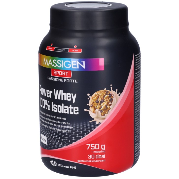 Massigen Sport Power Whey 100% Isolate Cookies 750 g - Integratore Massa Muscolare
