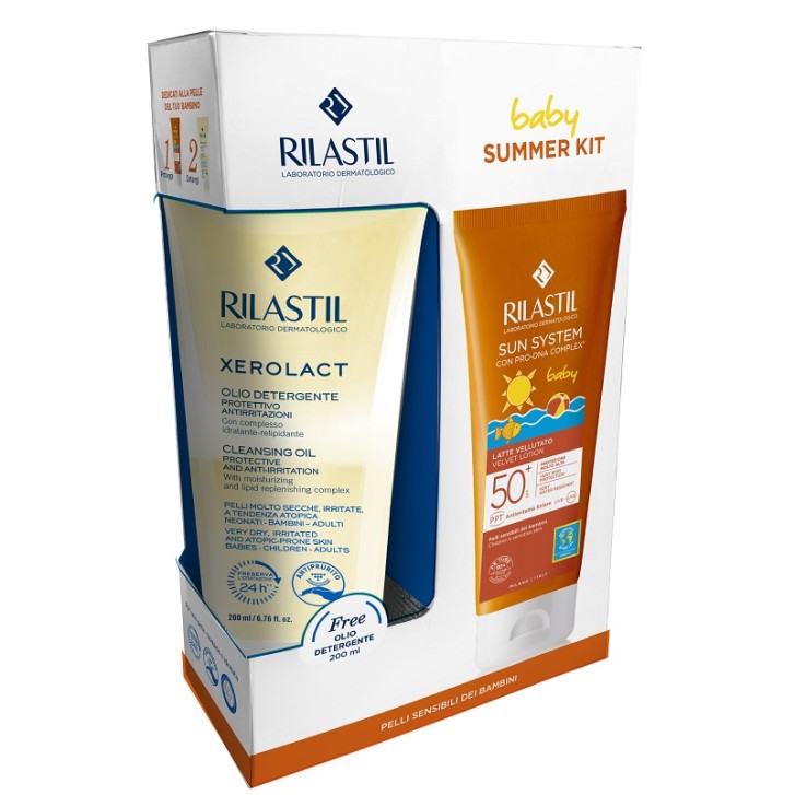 Rilastil Sun System Kit Bambino Protezione Latte Vellutato SPF 50+ 200 ml + Olio Detergente Xerolact 200 ml In Omaggio