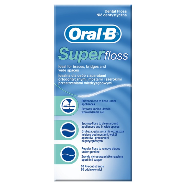 Oral-B SuperFloss Filo Interdentale Ponti Apparecchi Ortodontici 50 Fili Pre-Misurati