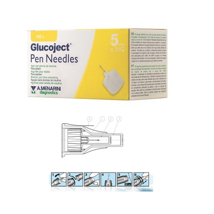 Glucoject Pen Needles G31 5 mm Aghi per Penne da Insulina 100 pezzi
