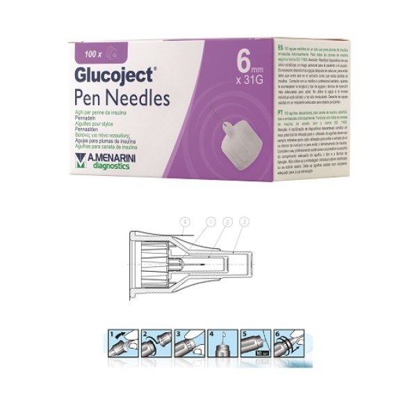 Glucoject Pen Needles 31G 6 mm Aghi per Penne da Insulina 100 pezzi