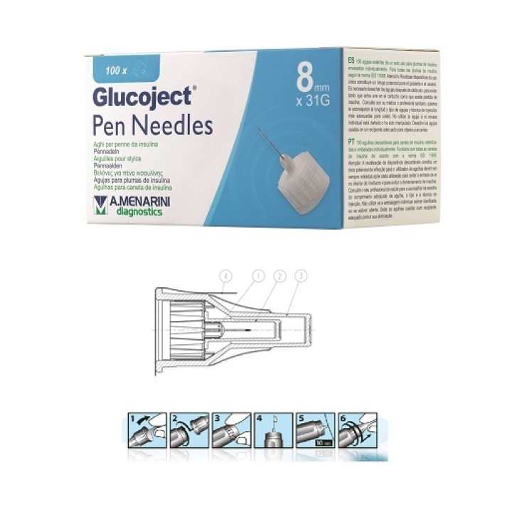 Glucoject Pen Needles G31 8 mm Aghi per Penne da Insulina 100 pezzi
