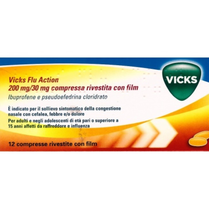 Vicks Flu Action 200 mg/30 mg Ibuprofene Pseudoefedrina 12 Compresse