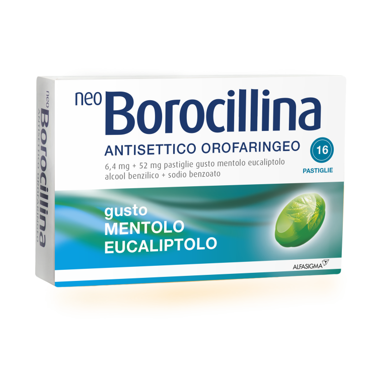 NeoBorocillina Antisettico Orofaringeo 6,4 mg + 52 mg Mentolo Eucalipto 16 Pastiglie