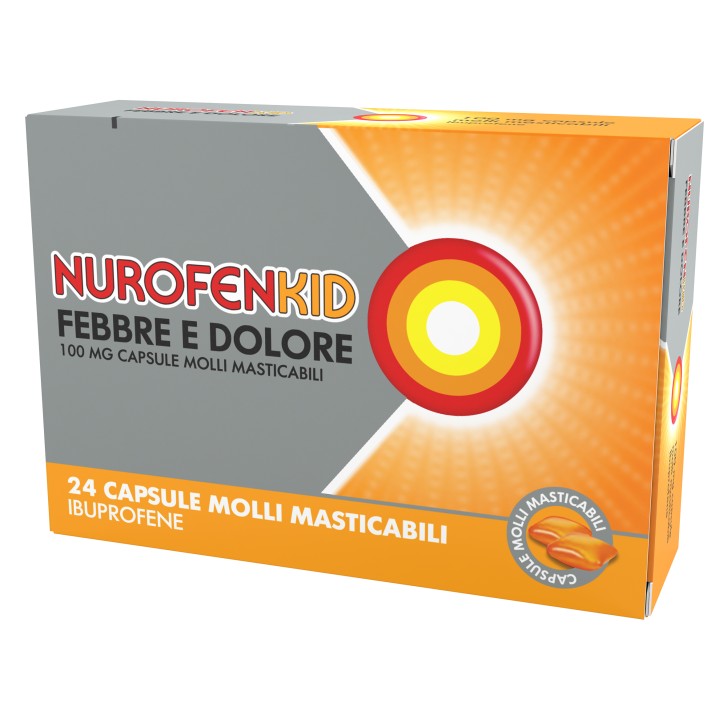 NurofenKid Febbre e Dolore Ibuprofene 24 Capsule Molli Masticabili