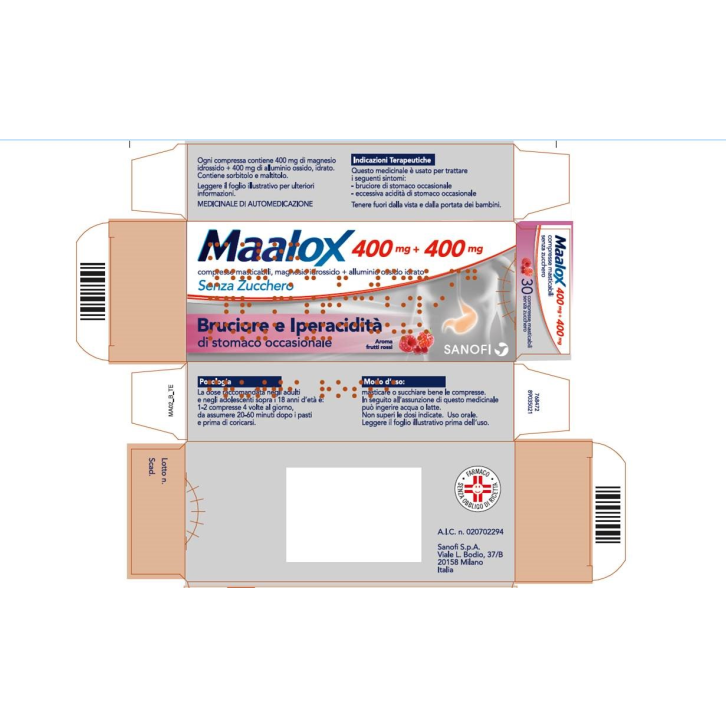 Maalox Senza Zucchero 400 mg + 400 mg Antiacido Aroma Frutti Rossi 30 Compresse Masticabili