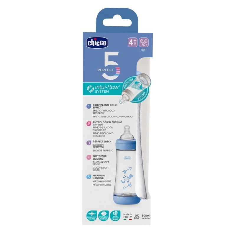 Chicco Biberon Neonato Perfect 5 Biberon Azzurro Flusso Veloce 4 Mesi+ 300 Ml-image