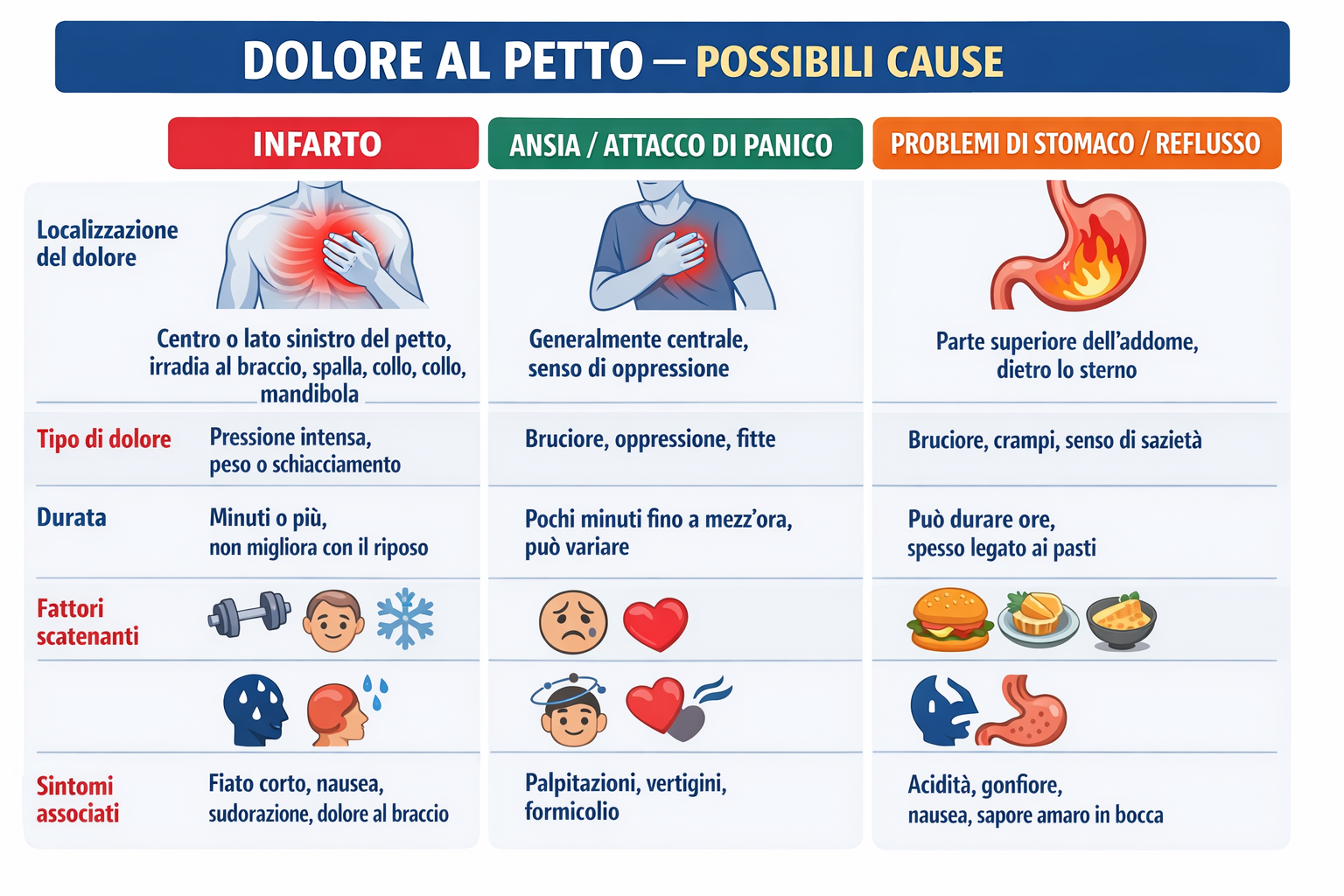 Dolore al petto: differenze tra cause cardiache, reflusso e ansia