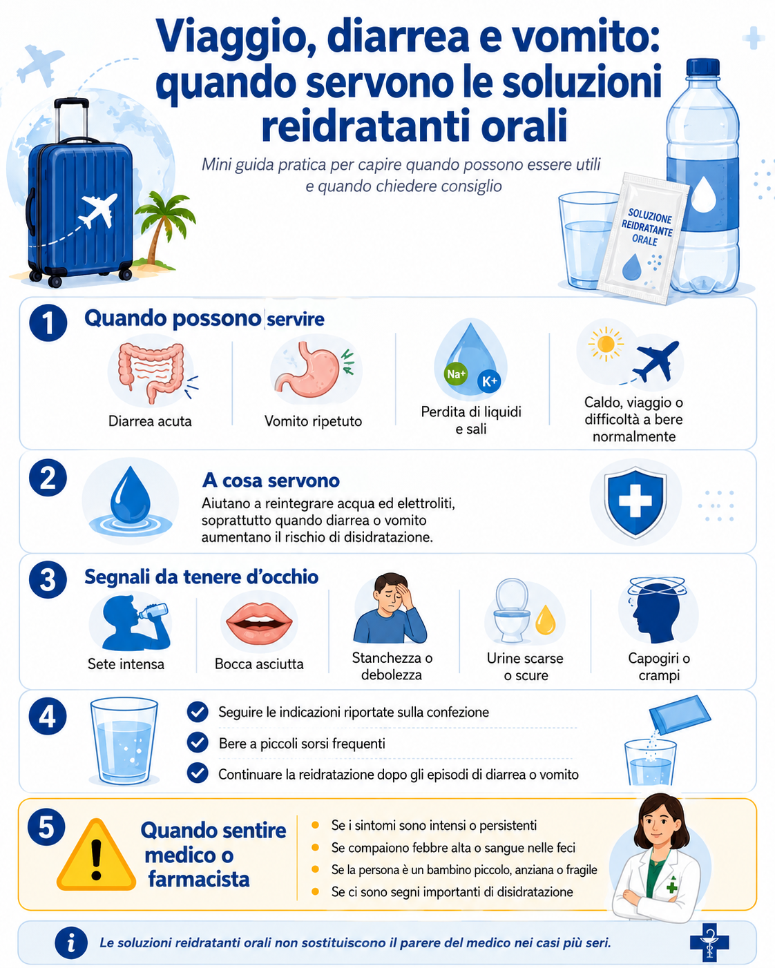 Viaggio, diarrea e vomito: quando usare le soluzioni reidratanti orali per reintegrare liquidi ed elettroliti