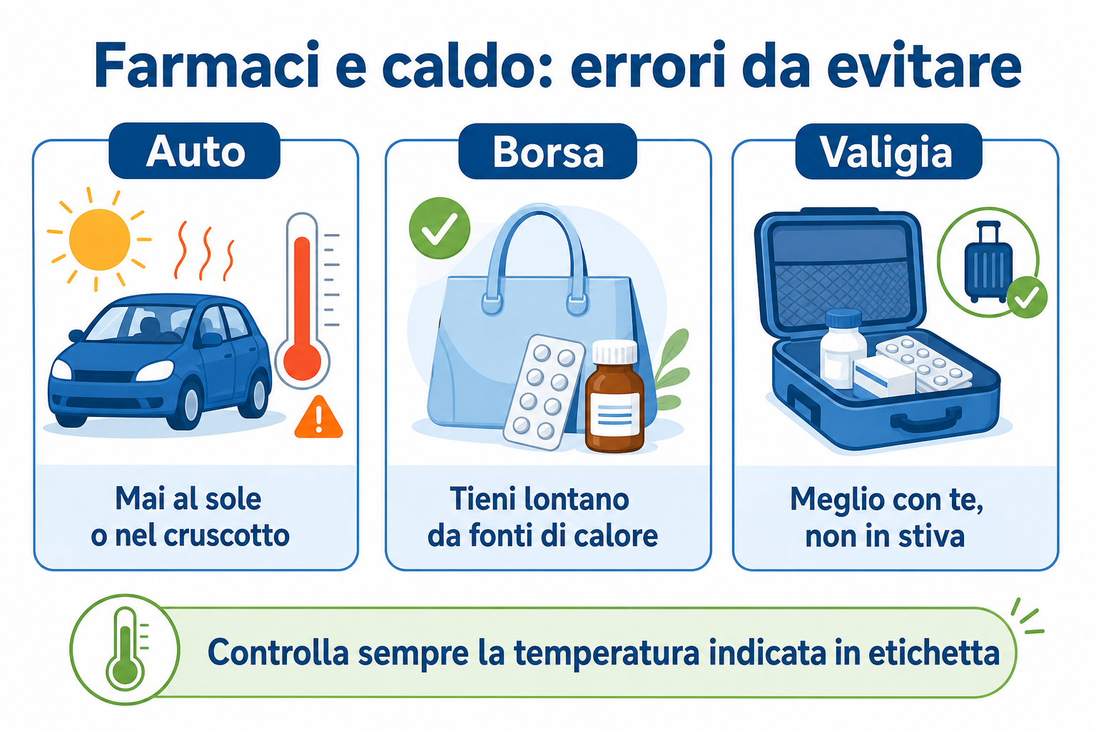 Infografica sugli errori comuni da evitare per conservare i farmaci con il caldo in auto, borsa e valigia durante i viaggi
