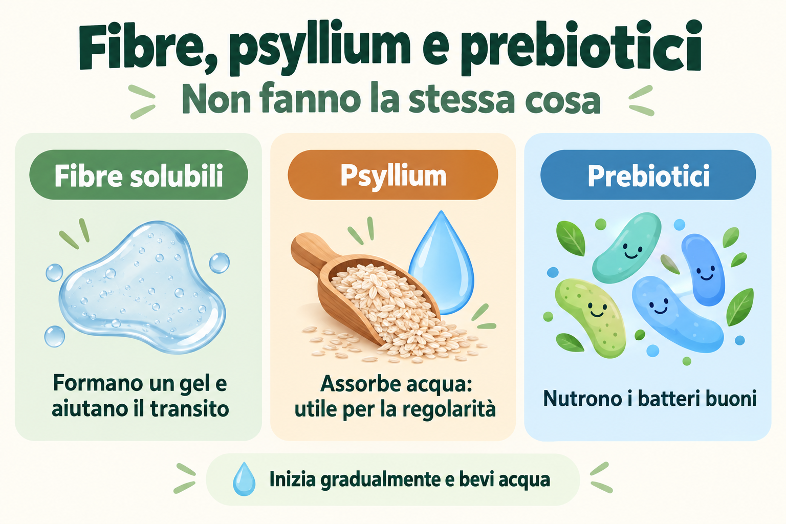 Infografica sulle differenze tra fibre solubili, psyllium e prebiotici per transito intestinale e regolarità