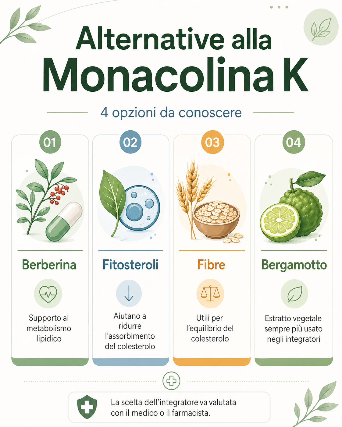 Alternative alla monacolina K: berberina, fitosteroli, fibre, bergamotto e omega-3 negli integratori per il colesterolo