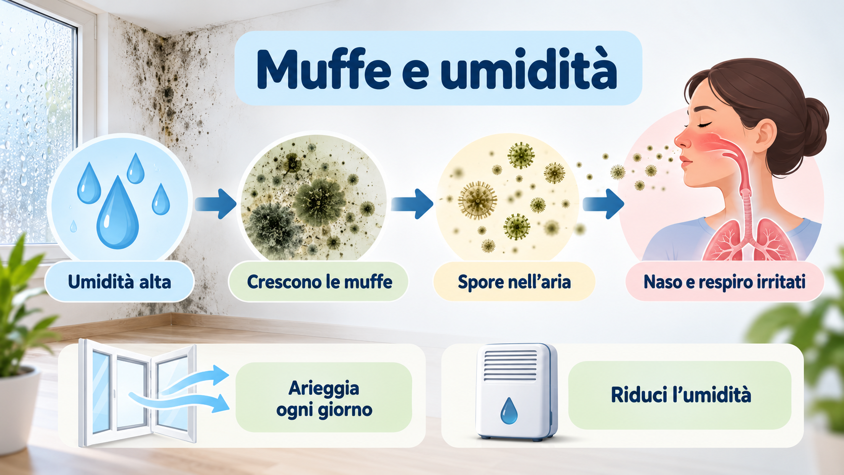 Muffe e umidità in casa: spore nell’aria che possono irritare naso, gola e respiro