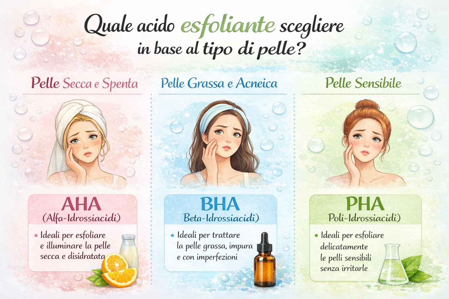 quale acido esfoliante scegliere in base al tipo di pelle, tra AHA per pelle secca e spenta, BHA per pelle grassa e acneica e PHA per pelle sensibile