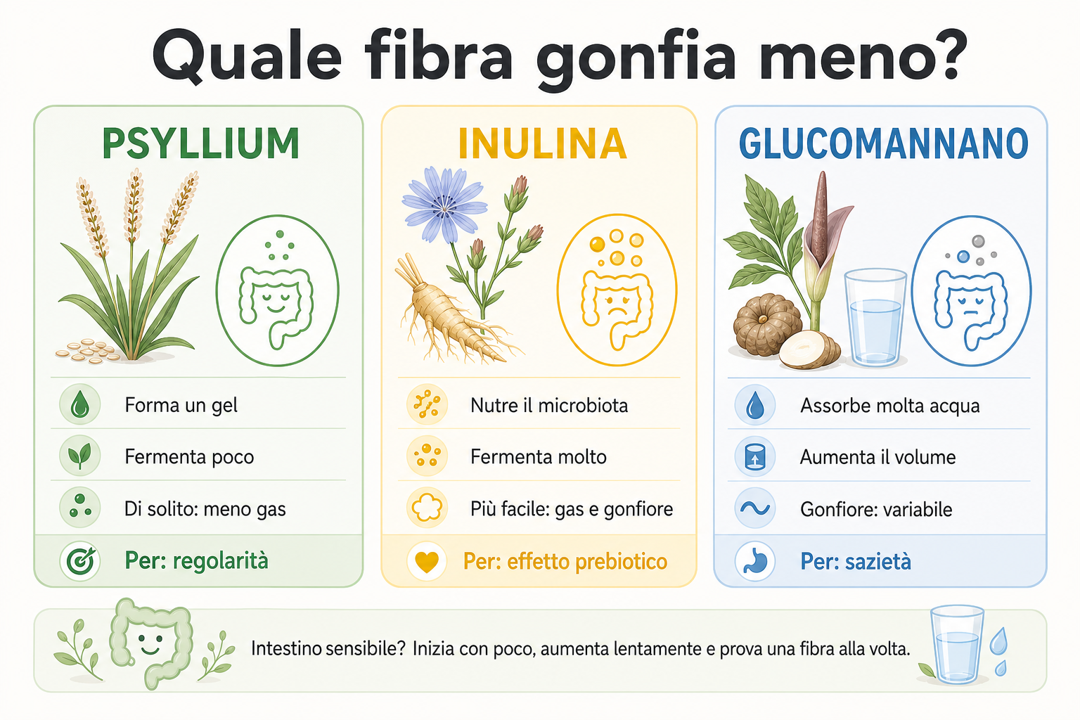 Confronto tra psyllium, inulina e glucomannano: fermentazione, gonfiore e scelta della fibra per un intestino sensibile
