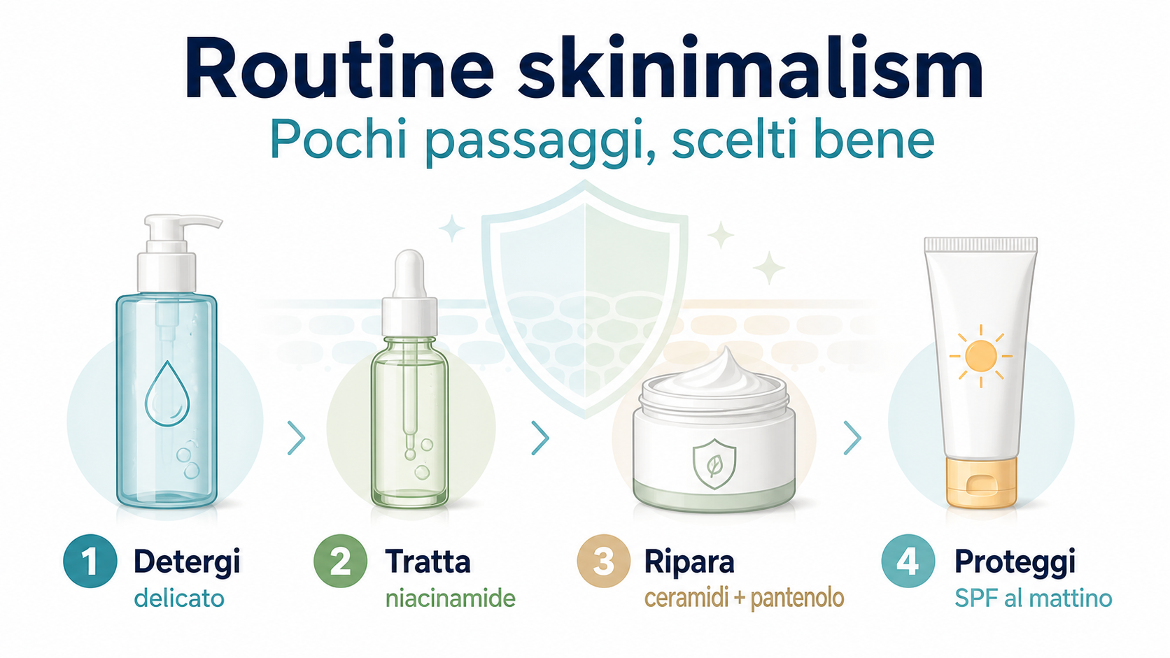 Routine skinimalism in farmacia con detersione delicata, niacinamide, ceramidi, pantenolo e protezione solare