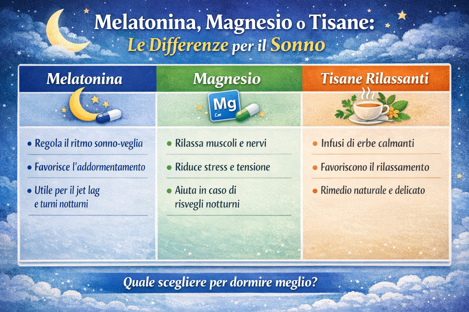 Differenze tra melatonina, magnesio e tisane rilassanti per dormire meglio