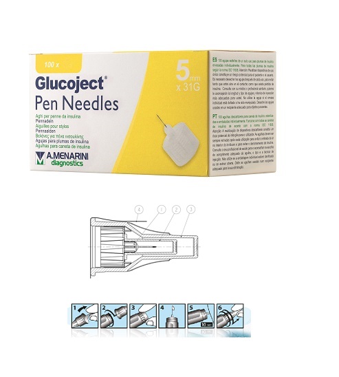 Glucoject Pen Needles G31 5 mm Aghi per Penne da Insulina 100 pezzi